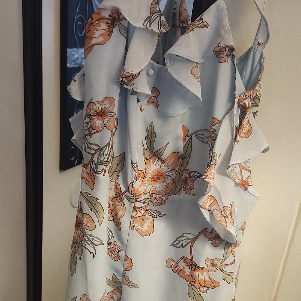 J.O.A. Light Blue Floral Ruffle Jumpsuit